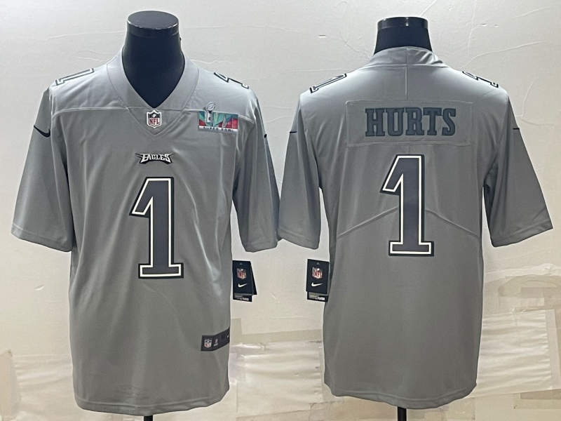 Men's Philadelphia Eagles #1 Jalen Hurts Gray Super Bowl LVII Patch Atmosphere Fashion Stitched Jersey Men's Philadelphia Eagles #1 Jalen Hurts Gray Super Bowl LVII Patch Atmosphere Fashion Stitched Jersey